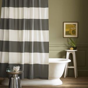 West Elm grey and white striped shower curtain